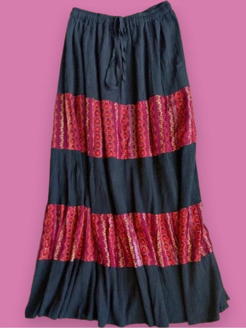 Handmade Boho Maxi Skirt with Burgundy  Patterned Panels